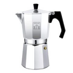 Cafetera italiana de aluminio con capacidad para 6 tazas de café, apta para todo tipo de cocinas y fácil de limpiar.