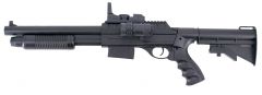 Escopeta de muelle Tipo Remington. Escopeta Calibre 6 mm - Color Negra - Energía 0,35 Julios - Velocidad de disparo 76 m/s - 250 FPS. Escopeta con visor y linterna.