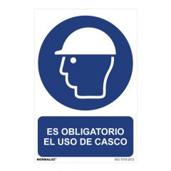 Señal uso obligatorio "es obligatorio el uso de casco" (pvc 0.7mm)  30x40cm