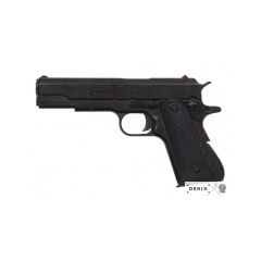 Réplica de Pistola automática calibre 45M1911A1, Fabricada por John M. Browning, , en los Estados Unidos USA en el año de 1911 durante la 1ª y 2ª Guerra Mundial, en metal  y plástico negro, con caño ciego, no funciona, para decoración 