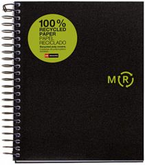Miquel rius notebook4 eco cuaderno de espiral formato a5 - papel 100% recuperado post-consumo - 120 hojas de 80gr microperforadas con 2 taladros - cubiertas de polipropileno reciclado - cuadricula 5x5 - color negro