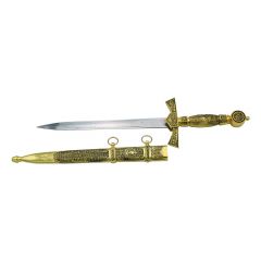 Daga AK-47 15434,  pomo, guarda, empuñadura y vaina metálica son de color dorado, el tamaño total es de 41 cm con hoja de acero