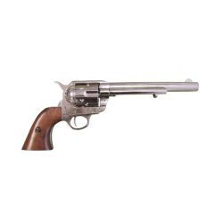 Réplica de revólver 7½" Peacemaker diseñado por Samuel Colt en 1873, fabricado en metal y madera, con mecanismo simulador de carga y disparo y tambor giratorio de color plata, con cañón ciego, no dispara, para decoración