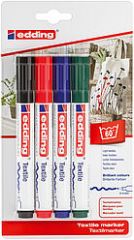 Edding 4500 pack de 4 rotuladores permanentes para textil - punta redonda - trazo 2-3mm - olor neutro - secado rapido - colores negro, verde, rojo y azul