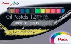 Pentel oil pastels pack de 12 pasteles oleo - 6 metalicos y 6 fluorescentes - blandos, cremosos y de secado lento - colores metalicos y fluorescentes surtidos