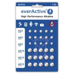 everActive Set 10 x AG3, 5 x AG4, 5 x AG 10, 10 x AG13 1,5 V, 30 x baterías, Pilas de botón, alcalinas, Mini, 3 años de duración, 30 Unidades - 1 blíster