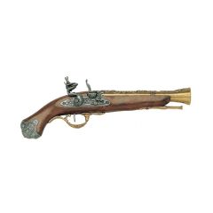 Réplica de pistola de chispa utilizadas en Inglaterra como armas de autodefensa hasta mediados del Siglo XIX, fabricada en metal y madera con mecanismo simulador de carga y disparo, con cañón ciego, no dispara, para decoración