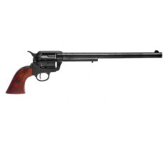 Réplica de revólver  Peacemaker calibre 45 de 12" diseñado por Samuel Colt en 1873 fabricado en metal y madera, con mecanismo simulador de carga y disparo y tambor giratorio de color negro, con cañón ciego, no dispara, para decoración
