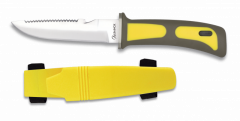 Cuchillo de Submarinismo Martinez Albainox con mango de goma y ABS de color amarillo, hoja de acero inoxidable de  de 11.5 cm. Incluye skinner profesional presentado en caja rígida 31333-AM 
