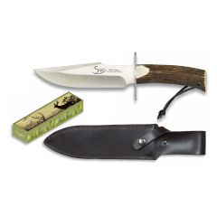 Cuchillo deportivo de caza Steel 440, mango asta de ciervo, virola de acero, hoja de 16 cm de acero inoxidable, con funda de piel, 32127