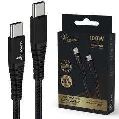 Extralink smart life cable 100w, usb-c - usb-c, 200cm, nylon braided, 20v 5a 480mbps, black, cabesl02
