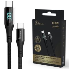 Extralink smart life cable 100w usb-c - usb-c, fast charging with display, 200cm, nylon braided, black, cabesl04