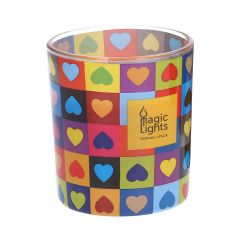 Vela en vaso pop art ø7,5cm al.8,4cm corazones magic lights