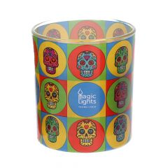 Vela en vaso pop art ø7,5cm al.8,4cm skull magic lights