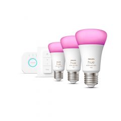 Philips Hue White and Color ambiance Kit de inicio: 3 bombillas inteligentes E27 (1100) + regulador de intensidad