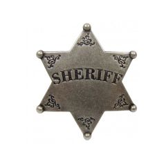 Réplica de placa de Sheriff de 6 puntas fabricada en metal, con aguja para su sujeción.