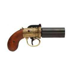 Réplica de revólver pimentero de 6 cañones de Inglaterra año 1840 fabricada en metal y cachas de madera con mecanismo simulador de disparo y cañón giratorio, con cañón ciego, no dispara, para decoración