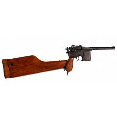 Réplica de pistola C96 diseñada por Mauser utilizada desde 1896 hasta 1937, fabricada en metal, con cachas y funda-culata de madera, con mecanismo simulador de carga y disparo.