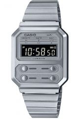Reloj de pulsera CASIO Retro Vintage - A100WE-7BEF correa color: Gris plata Dial LCD Negro Unisex