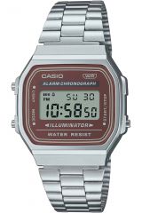 Reloj de pulsera CASIO Retro Vintage - A168WA-5A correa color: Gris plata Dial LCD Rojo vino Unisex