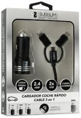 SUBBLIM Cargador Coche 2xUSB Dual Car Charger Alum 2.4A + Cable 3 in 1 Black