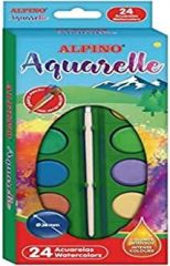 Alpino pack de 24 acuarelas - 28mm diametro - colores intensos - incluye pincel - colores surtidos