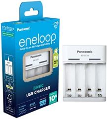 Panasonic eneloop Basic USB Cargador, para 2 o 4 Pilas AA/AAA Ni-MH con 6 Funciones de Seguridad y Cable de Carga Micro-USB
