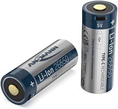 ANSMANN Batería de ion de litio 26650 5100 mAh con conector de carga USB tipo C, batería recargable de alta capacidad, con circuito de protección para linternas, faroles, lápices láser