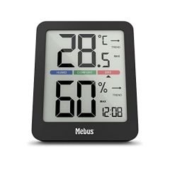 MEBUS digitale Klimastation mit Innenthermometer und -hygrometer, Uhr, Komfortindikator für perfekte Raumtemperatur, Displaybeleuchtung, Min-/Max-Funktion, Trendanzeige, Farbe: Schwarz, Modell: 11115