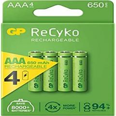 Gp recyko pack de 4 pilas recargables 650mah aaa 1.2v - precargadas - fabricadas con mas del 10% de materiales reciclados