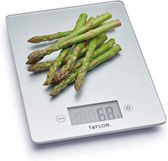 Taylor Pro Balanza Digital de Vidrio de Cocina, Diseño Compacto y Ultrafino, Nivel Profesional con Función de Peso con Tara, Acabado en Plata, 5 kg de Capacidad