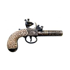 Réplica de la pistola de bolsillo diseñada por Kumbley y Brum en Londres en 1795. Fabricada en metal y cachas de plástico imitación marfil, con mecanismo simulador de carga y disparo, con cañón ciego, no funciona, para decoración