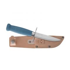 Morakniv STE-13980 Cuchillo para niños Scout 39 Safe Blueberry, punta roma hoja fija de acero inoxidable Sandvik 12c27 de 8,5 cm, mango de abedul de color azul. Incluye funda de cuero para ambidiestros, en Blister