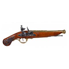 Réplica de pistola de chispa de Inglaterra, Siglo XVIII,colores marrón y oro,  fabricada en metal y madera con mecanismo simulador de carga y disparo, con cañón ciego, no dispara, para decoración
