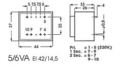 Transformador encapsulado 5 va 2 x 9 v / 2 x 0.278 a