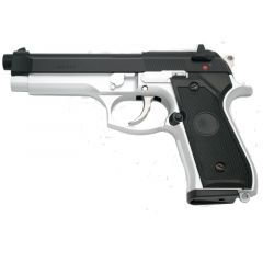 Pistola Y&P de gas Tipo Beretta 92F calibre 6mm - Bicolor - Energía 1.63 Julios - Velocidad de disparo 127m/s - 420 FPS. Ref:G104BC