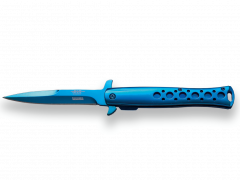 Navaja con apertura  de un solo filo. Hoja de 10 cm y Puño INOX Recubrimiento Total de Titanio en Azul - JKR0571.