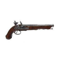 Réplica de pistola de duelo del año 1810, de 39 cm, color marrón y oro, fabricada en metal y madera con mecanismo simulador de carga y disparo, con cañón ciego, no dispara, para decoración