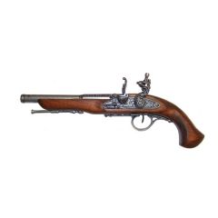 Réplica de pistola de chispa zurda del Siglo XVIII, fabricada en metal y madera con mecanismo simulador de carga y disparo.