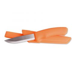 Morakniv STE-12492 Cuchillo de Caza Bushcraft hoja lisa de acero inoxidable de 10.9 cm, mango de polímero y goma TPE de color naranja de alta visibilidad. Incluye funda de polímero naranja con clip y presilla para cinturón
