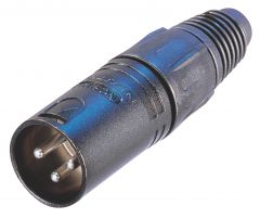 Conector de cable macho de 3 polos con carcasa de metal negro y contactos dorados