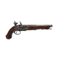 Réplica de pistola de duelo del año 1810, de 39 cm, fabricada en metal y madera con mecanismo simulador de carga y disparo, con cañón ciego, no dispara, para decoración