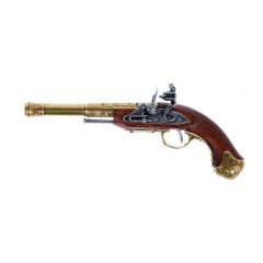 Réplica de pistola de chispa (zurda) de la India del Siglo XVIII, de color marrón con oro, fabricada en metal y madera con mecanismo simulador de carga y disparo, con cañón ciego, no dispara, para decoración