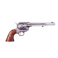 Réplica de revólver 7½" Peacemaker diseñado por Samuel Colt en 1873, fabricado en metal y madera, con mecanismo simulador de carga y disparo y tambor giratorio, con cañón ciego, no funciona, para decoración