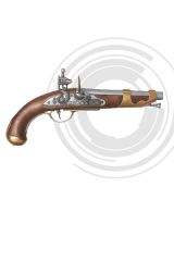 Réplica de pistola de caballería Francesa de la época napoleónica, fabricada en madera y metal con mecanismo simulador de carga y disparo, con cañón ciego, no dispara, para decoración