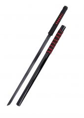 Katana S5045 de Kakashi Hatake de Naruto réplica no oficial de 102 cm, hoja de acero negra, vaina negra lacada con encordado negro y rojo, mango encordado negro e imitación de piel de raya en rojo.