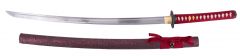 Katana Funcional S6037 de 104 cm hoja de acero al carbono 1045, vaina de madera forrada con tela decorada granate, mango encordado rojo. Con soporte.