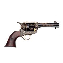 Réplica de revólver calibre 45 Peacemaker de 4,75" de los Estados Unidos año 1873 fabricada en metal y madera, con mecanismo simulador de carga y disparo y tambor giratorio, con cañón ciego, no dispara, para decoración