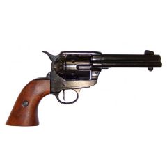 Réplica de revólver calibre 45 Peacemaker de 4,75" diseñado por Samuel Colt en 1873, fabricado en metal y madera, con mecanismo simulador de carga y disparo y tambor giratorio de color negro, con cañón ciego, no dispara, para decoración