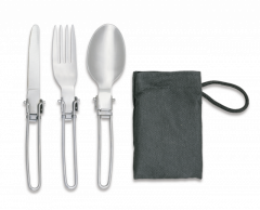 Set de cubiertos de Camping Barbaric, incluye tenedor, cuchara y cuchillo plegable, material de acero inox, con funda de Nylon